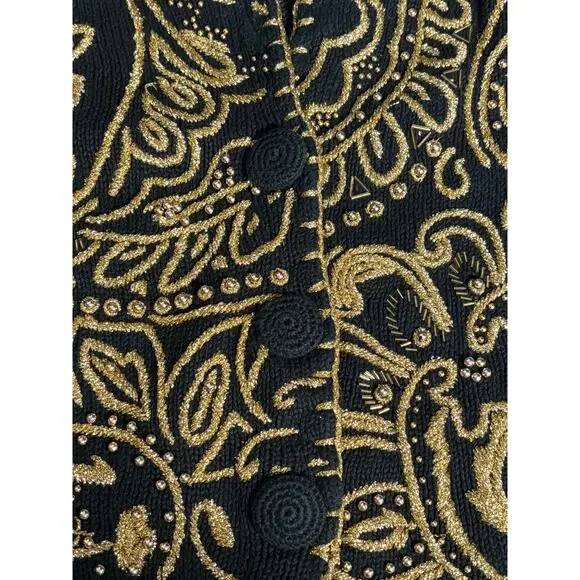 Vintage 90s Michael Simon Black Gold Metallic Embroidered Cropped Knit Cardigan - Picture 11 of 12